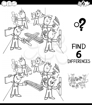 Black and White Cartoon Illustration of Finding Six Differences Between Pictures Educational Game for Children with  Workers and Builders at Work Coloring Book
