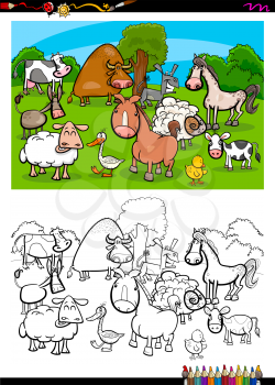 Cartoon Illustration of Cute Farm Animal Characters Group Coloring Book Activity