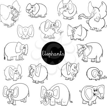 Black and White Cartoon Illustration of Elephants Animal Characters Big Collection Coloring Page