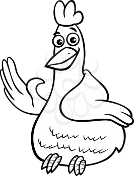 Black and White Cartoon Illustration of Funny Comic Hen or Chicken Animal Character Coloring Book