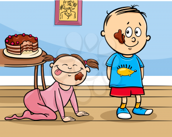 Cartoon Illustration of Little Boy and Baby Girl and Chocolate Cake