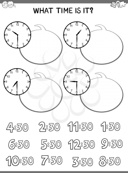 Black and White Cartoon Illustrations of Telling Time Educational Worksheet with Clock Face for Children
