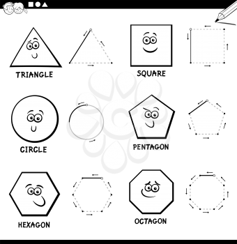 Black and White Educational Cartoon Illustration of Basic Geometric Shapes Drawing for Kids Coloring Book