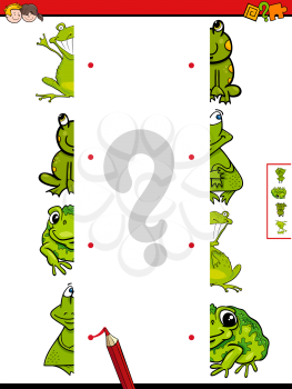 Cartoon Illustration of Educational Game of Matching Halves of Frogs Animal Characters