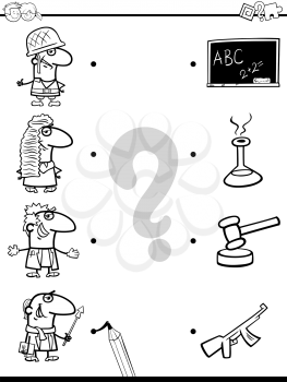 Black and White Cartoon Illustration of Educational Pictures Matching Game for Children with People Characters and their Professions Coloring Book