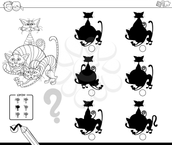 Black and White Cartoon Illustration of Finding the Shadow without Differences Educational Activity for Children with Cats Animal Characters Coloring Book