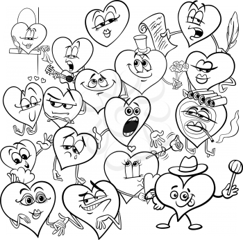 Black and White Cartoon Illustration of Funny Valentines Day Hearts Characters Group Coloring Book