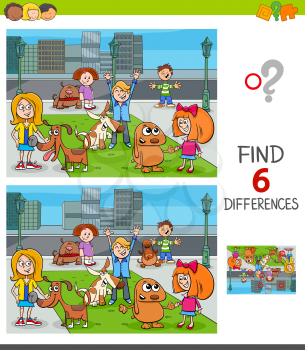 Cartoon Illustration of Finding Six Differences Between Pictures Educational Game for Children with Happy Kids with their Dogs Characters Group