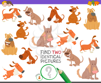 Cartoon Illustration of Finding Two Identical Pictures Educational Game for Children with Cute Dogs and Puppies Characters