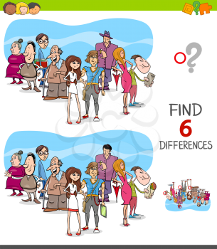 Cartoon Illustration of Finding Six Differences Between Pictures Educational Game for Children with People Group
