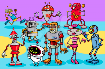 Cartoon Illustration of Robots Fantasy or Science Fiction Characters Group