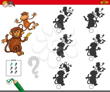 Cartoon Illustration of Finding the Shadow without Differences Educational Activity for Children with Monkeys Animal Characters