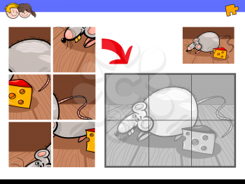 Cartoon Illustration of Educational Jigsaw Puzzle Activity Game for Children with Funny Mouse or Rat Animal Character with Cheese
