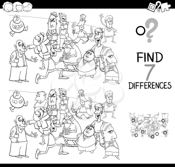 Black and White Cartoon Illustration of Finding Seven Differences Between Pictures Educational Activity Game for Children with People Characters Group Coloring Book