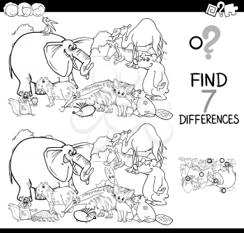 Black and White Cartoon Illustration of Finding Seven Differences Between Pictures Educational Activity Game for Children with Animal Characters Group Coloring Book