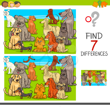 Cartoon Illustration of Finding Seven Differences Between Pictures Educational Activity Game for Children with Dogs Animal Characters Group