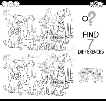 Black and White Cartoon Illustration of Finding Seven Differences Between Pictures Educational Activity Game for Children with Dogs Animal Characters Group Coloring Book