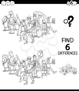 Black and White Cartoon Illustration of Finding Six Differences Between Pictures Educational Game for Children with People Characters Group Coloring Book
