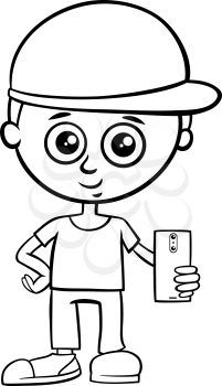 Black and White Cartoon Illustration of Kid Boy Character with Smart Phone Device Coloring Book