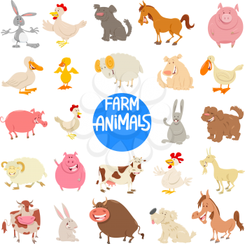 Cartoon Illustration of Happy Farm Animal Characters Large Set