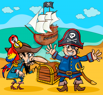 Cartoon Illustrations of Pirate Characters with Ship on Treasure Island