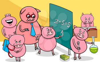 Cartoon Illustration of Piglet Animal Characters at School