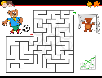 Cartoon Illustration of Education Maze or Labyrinth Activity Game for Children with Bear Playing Soccer