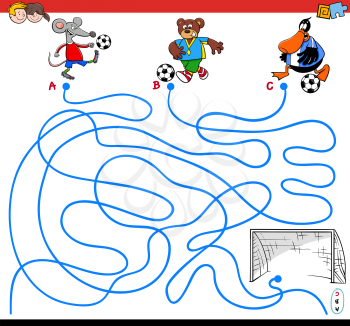 Cartoon Illustration of Paths or Maze Puzzle Game with Animals Playing Soccer