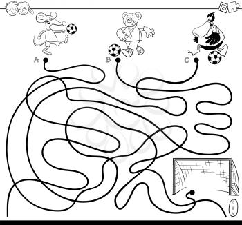 Black and White Cartoon Illustration of Paths or Maze Puzzle Game with Animals Playing Soccer Coloring Book