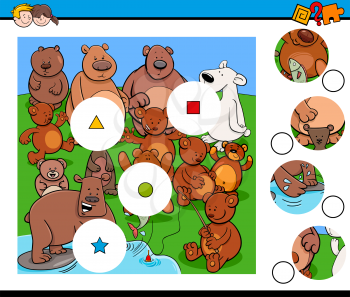 Cartoon Illustration of Educational Match the Pieces Puzzle Game for Children with Bears Animal Characters