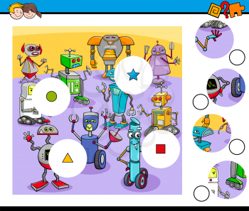 Cartoon Illustration of Educational Match the Pieces Puzzle Game for Children with Robots Fantasy Characters