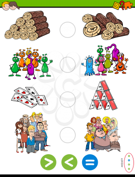 Cartoon Illustration of Educational Mathematical Activity Game of Greater Than, Less Than or Equal to for Kids with Objects and Characters