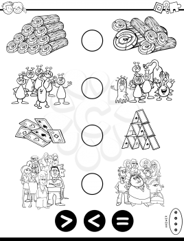 Black and White Cartoon Illustration of Educational Mathematical Activity Game of Greater Than, Less Than or Equal to for Kids with Objects and Characters Coloring Book