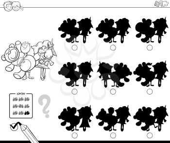 Black and White Cartoon Illustration of Finding the Shadow without Differences Educational Activity for Children with Children and Mascot Toys Characters Coloring Book