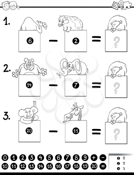 Black and White Cartoon Illustration of Educational Mathematical Subtraction Puzzle Game for Preschool and Elementary Age Children with Animal Characters Coloring Book