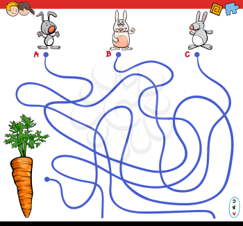Cartoon Illustration of Paths or Maze Puzzle Activity Game with Rabbit Characters and Carrot
