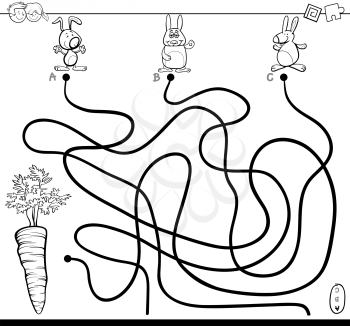 Black and White Cartoon Illustration of Paths or Maze Puzzle Activity Game with Rabbit Characters and Carrot Coloring Book