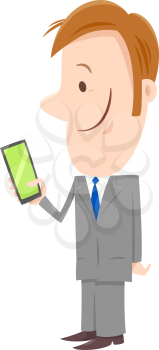 Cartoon Illustration of Happy Man or Businessman Character with Smart Phone