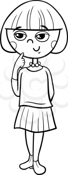 Black and White Cartoon Illustration of Elementary or Teen Age Girl Character Coloring Book