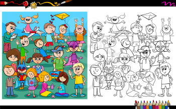 Cartoon Illustration of Playful Children Characters Group Coloring Book Worksheet