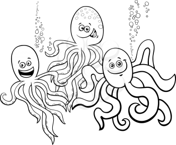 Black and White Cartoon Illustration of Octopuses Sea Animal Characters Coloring Book