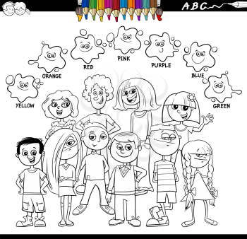Black and White Cartoon Illustration of Basic Colors Educational Worksheet for Kids with Happy Children Characters Coloring Book