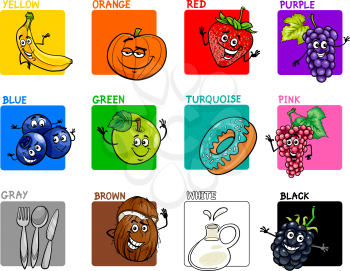 Cartoon Illustration of Basic Colors with Funny Fruits and Food Object Characters Educational Set