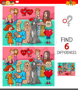 Cartoon Illustration of Finding Six Differences Between Pictures Educational Game for Children with Valentines Day Characters in Love
