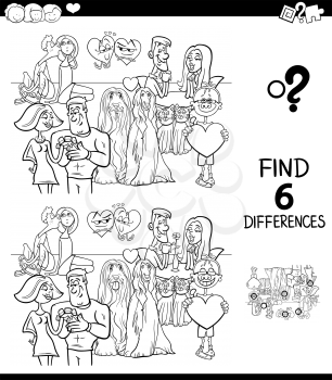 Black and White Cartoon Illustration of Finding Six Differences Between Pictures Educational Game for Children with Valentines Day Characters in Love Coloring Book