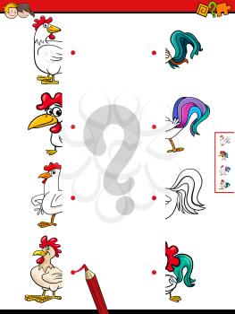 Cartoon Illustration of Educational Game of Matching Halves of Comic Rooster Animal Characters Pictures