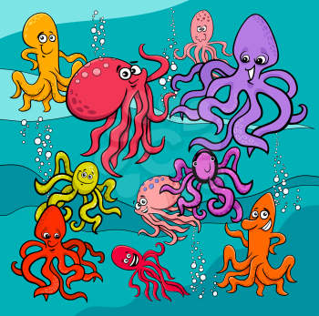 Cartoon Illustrations of Funny Fish Sea Life Animal Characters Group