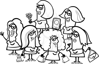 Black and White Cartoon Illustration of Comics Women People Characters Group Coloring Book