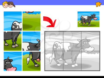 Cartoon Illustration of Educational Jigsaw Puzzle Activity Game for Children with Milker Cow Farm Animal Character