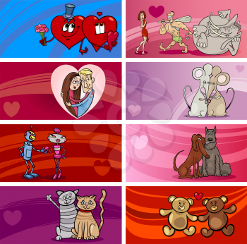 Cartoon Illustration of Greeting Cards Designs with People and Animal Characters in Love and Valentines Day Themes Set